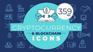 Cryptocurrency and blockchain icons collection — 359 vector-style digital icons representing Bitcoin, blockchain, and financial technology concepts on a blue background