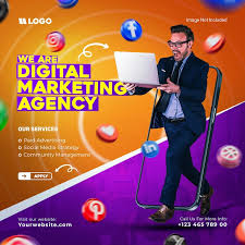 Digital Marketing Agency banner showing icons for SEO, content marketing, social media, email marketing, and online campaigns