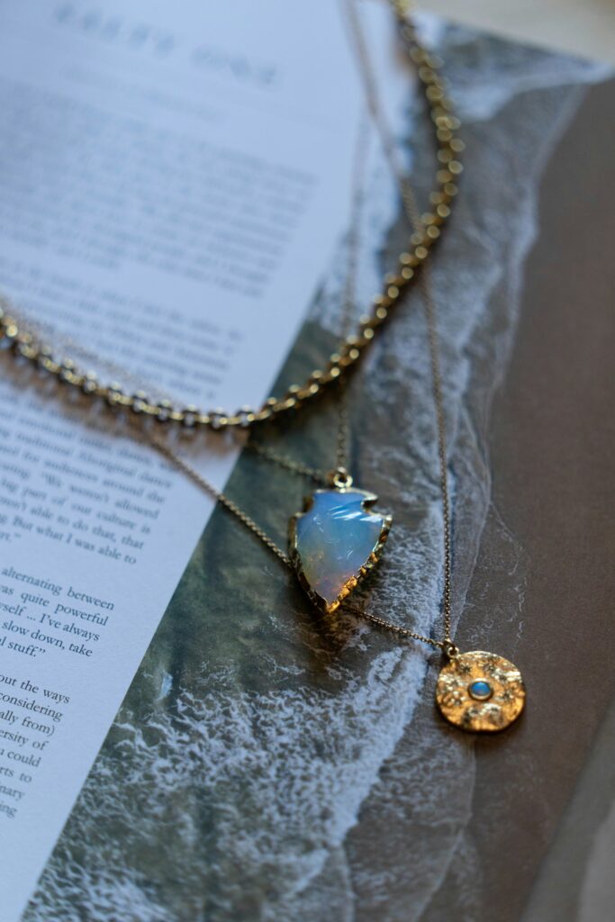 Opalite crystal pendant necklace with gold chain

