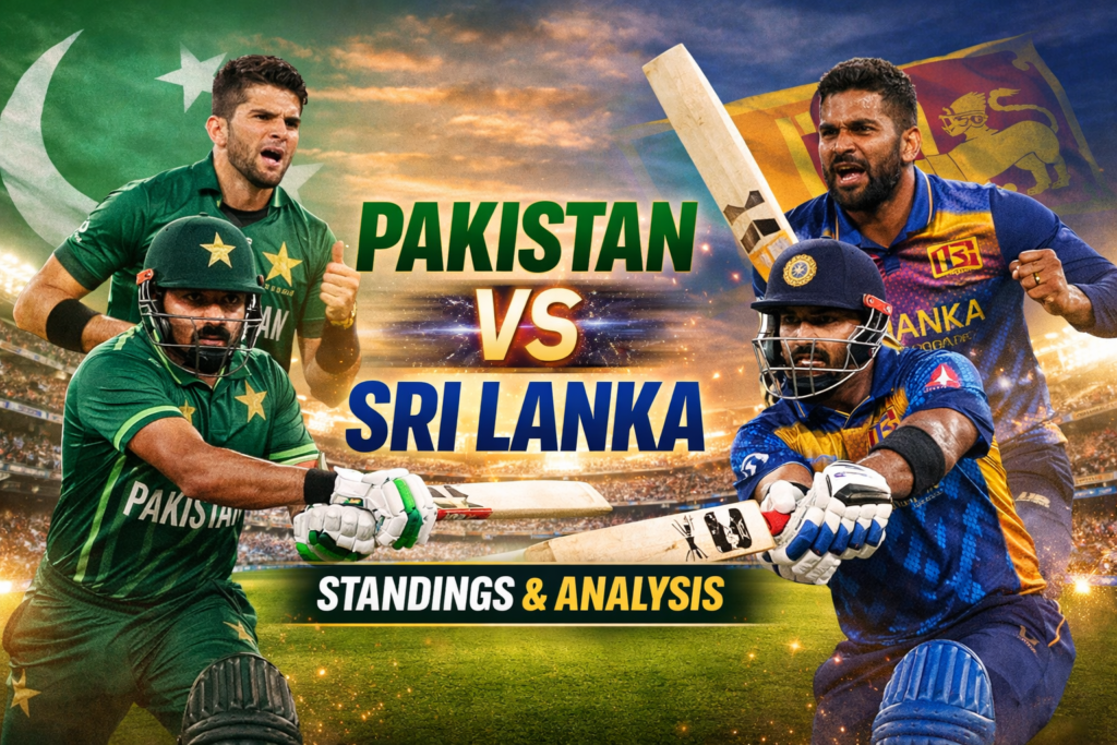 Pakistan vs Sri Lanka cricket action with players from both teams in dynamic pose against stadium background